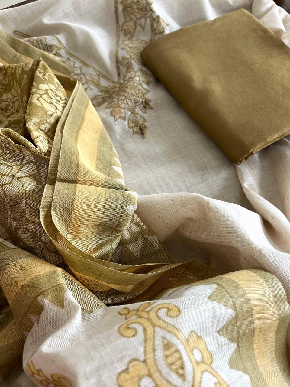 Cotton Linen 3-Piece Suit Olive Green with Appliqu Block Printed Dupatta