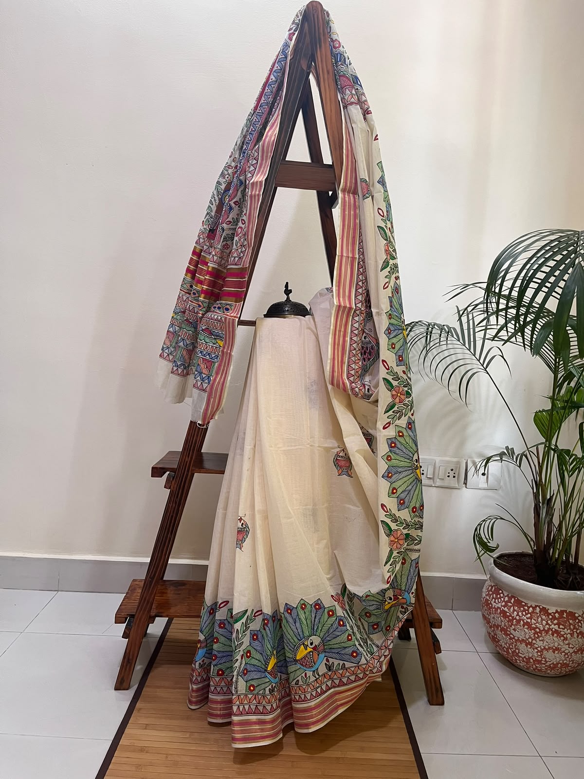 Madhubani Handpainted Fusion Kasavu Cotton Saree - Off White