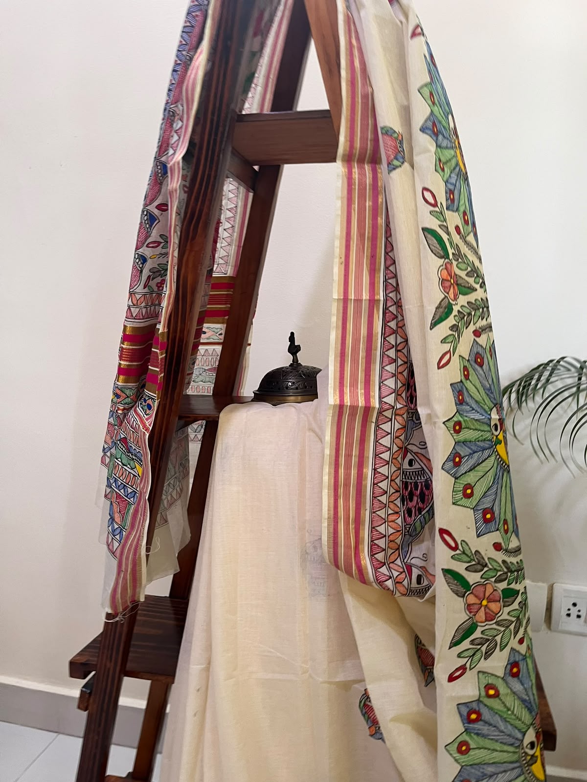 Madhubani Handpainted Fusion Kasavu Cotton Saree - Off White