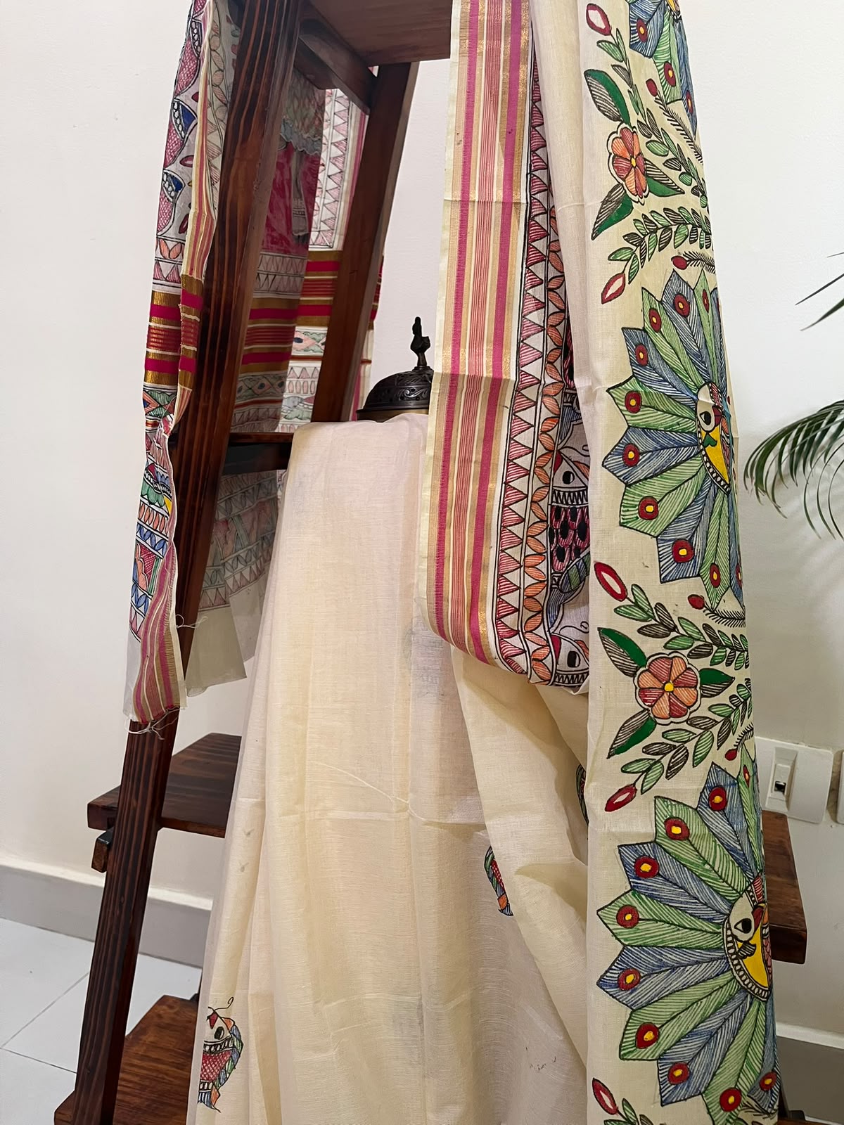 Madhubani Handpainted Fusion Kasavu Cotton Saree - Off White