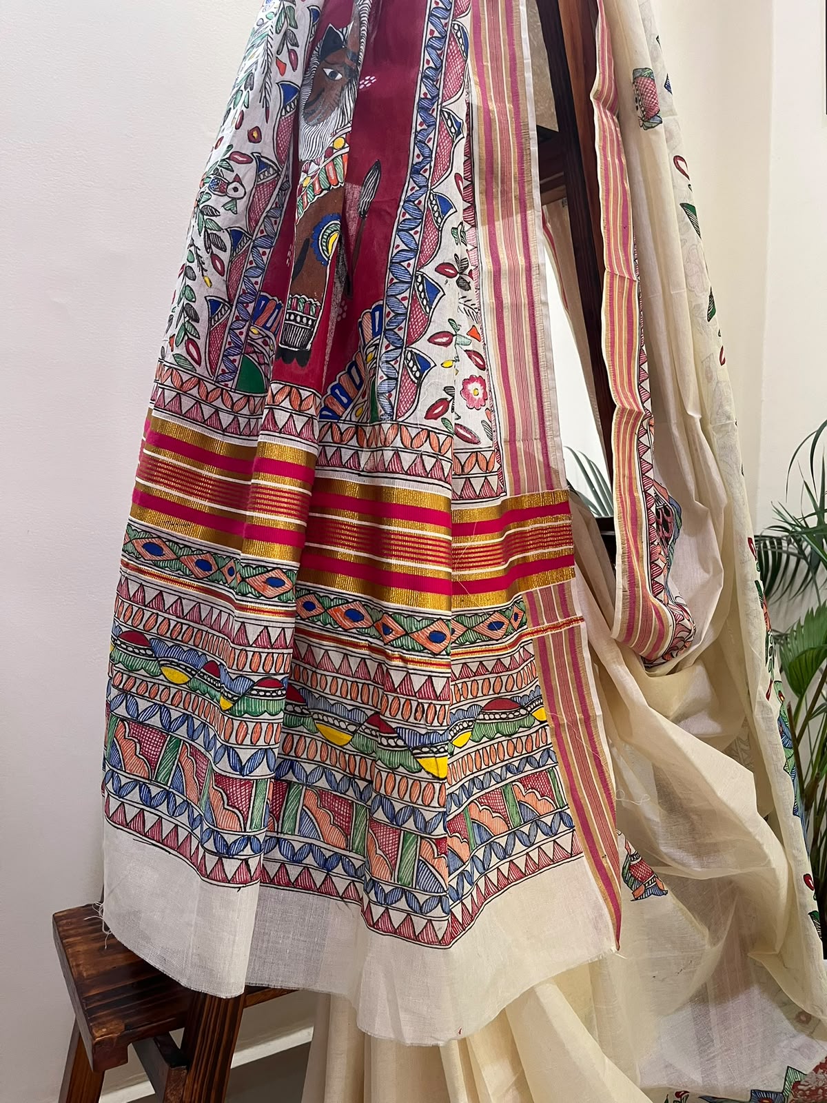 Madhubani Handpainted Fusion Kasavu Cotton Saree - Off White