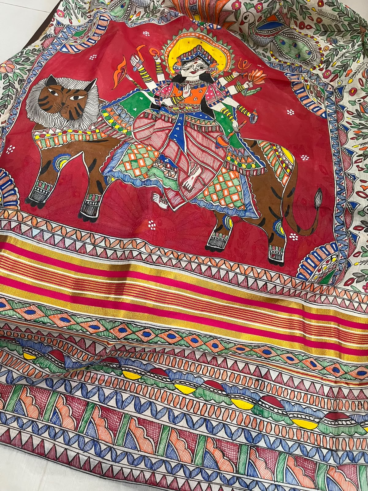 Madhubani Handpainted Fusion Kasavu Cotton Saree - Off White