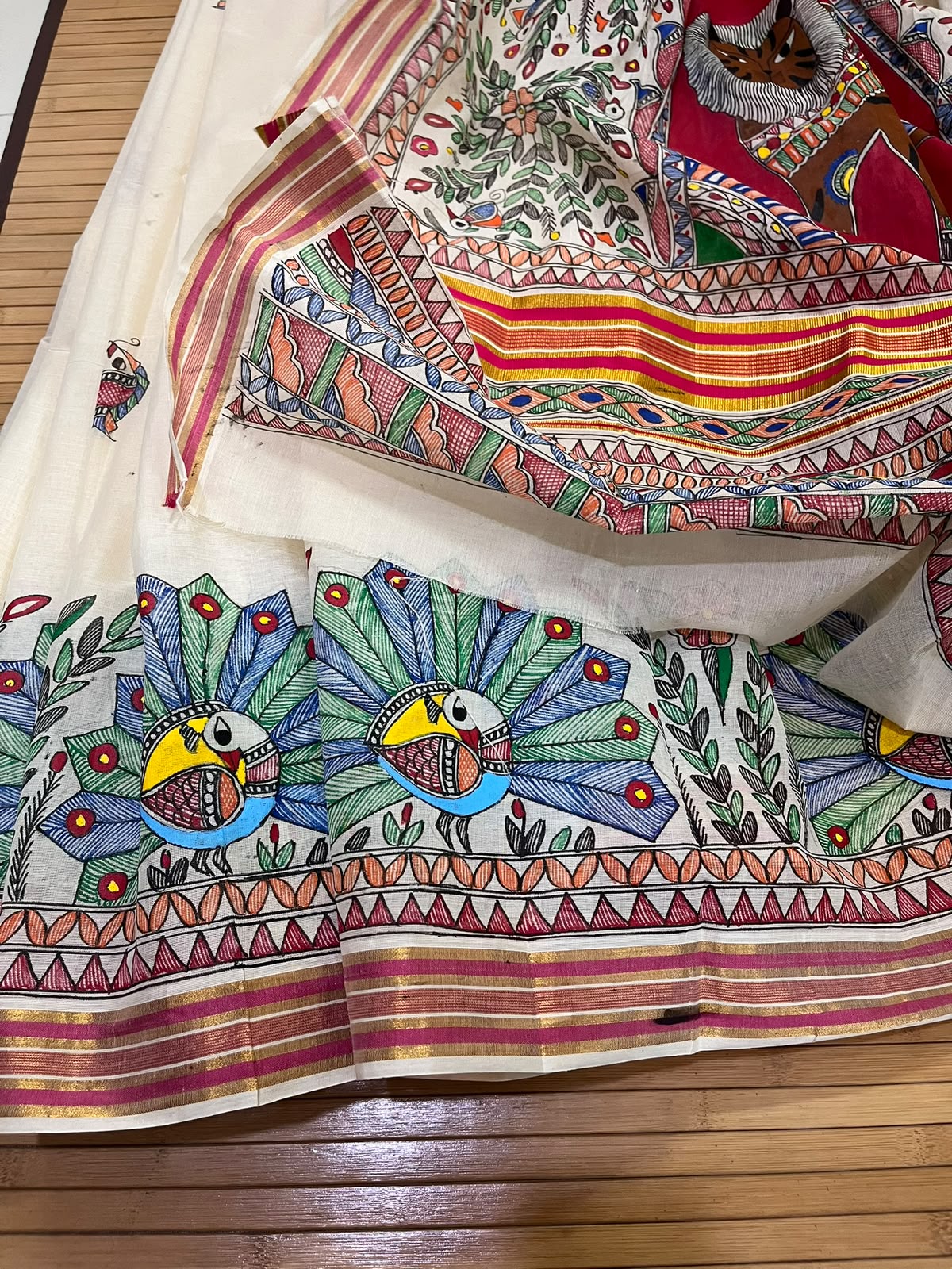 Madhubani Handpainted Fusion Kasavu Cotton Saree - Off White