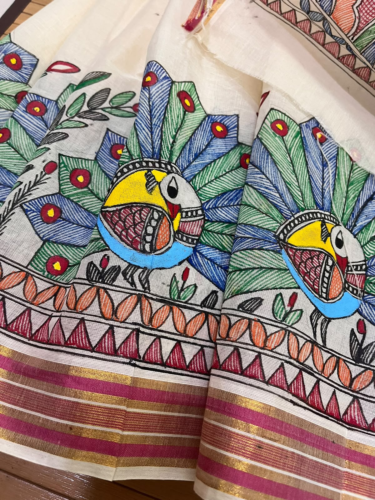 Madhubani Handpainted Fusion Kasavu Cotton Saree - Off White