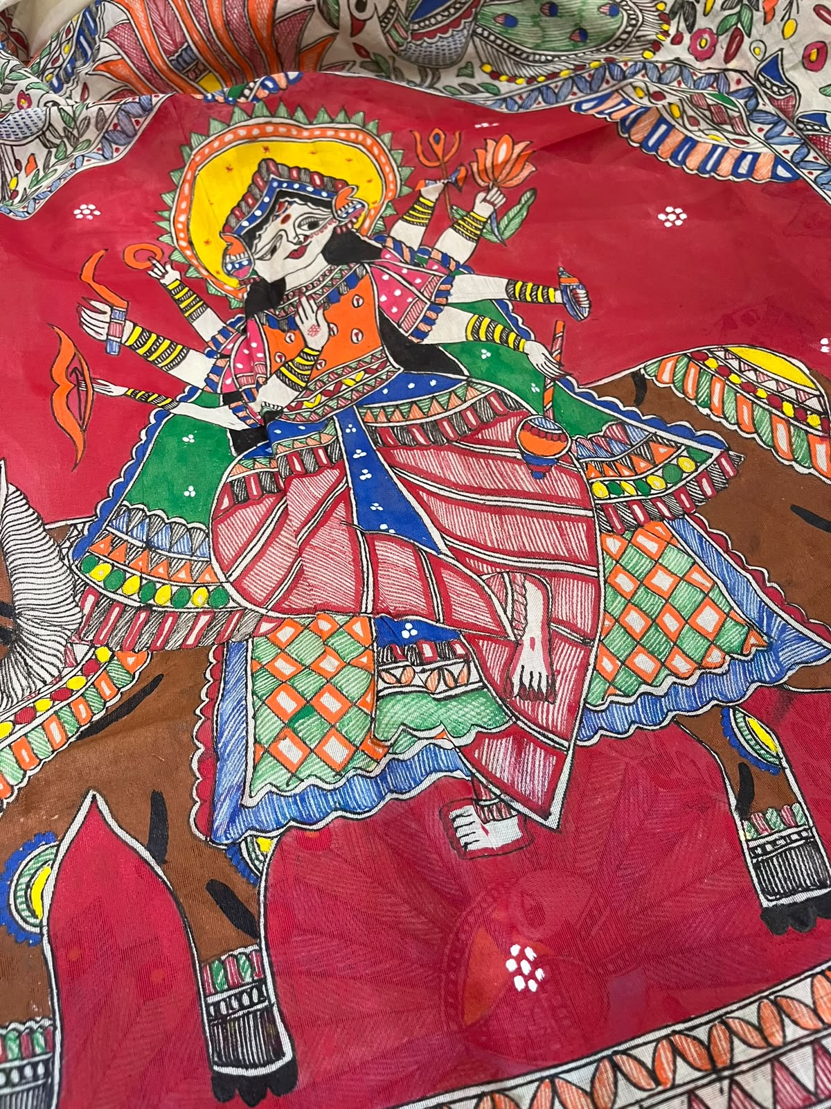 Madhubani Handpainted Fusion Kasavu Cotton Saree - Off White