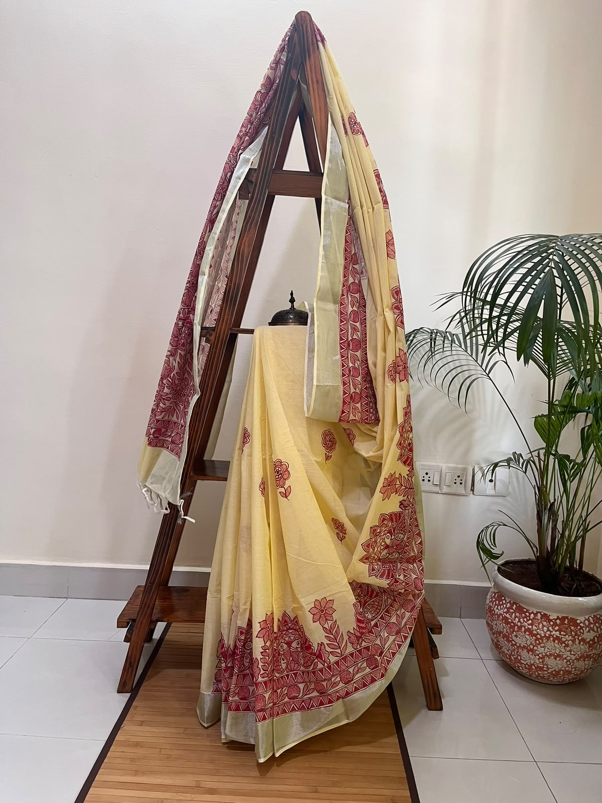 Madhubani Handpainted Fusion Kasavu Cotton Saree - Yellow