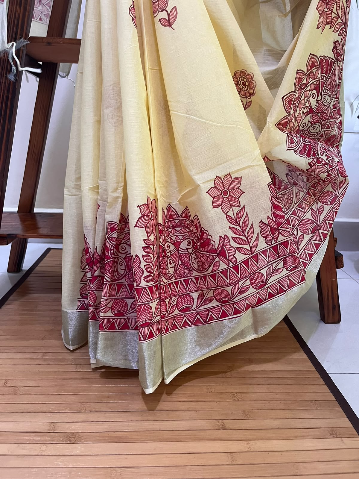 Madhubani Handpainted Fusion Kasavu Cotton Saree - Yellow
