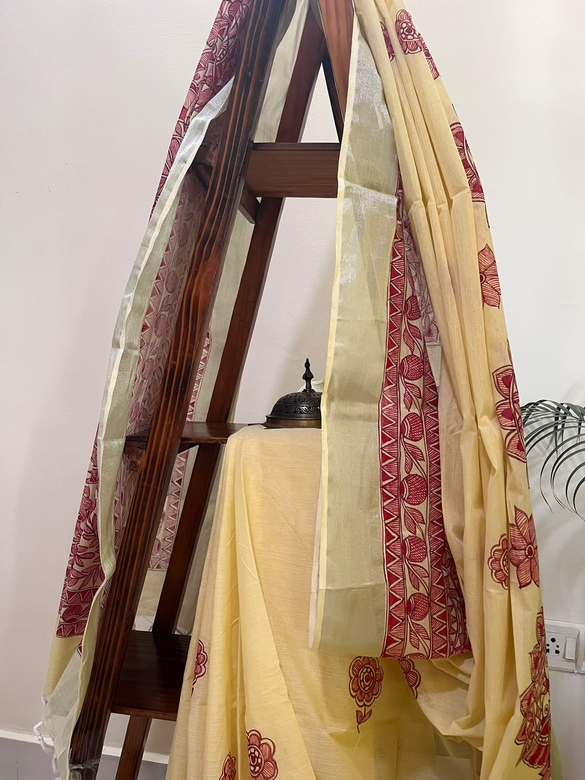 Madhubani Handpainted Fusion Kasavu Cotton Saree - Yellow
