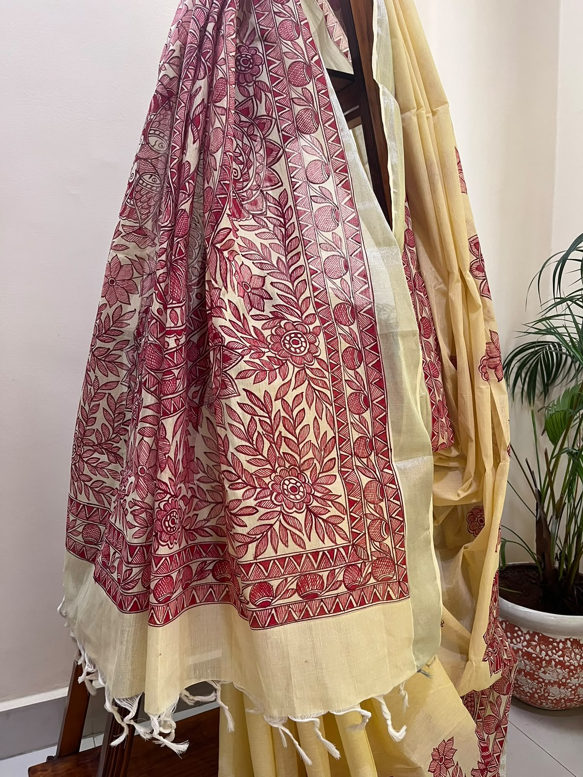 Madhubani Handpainted Fusion Kasavu Cotton Saree - Yellow