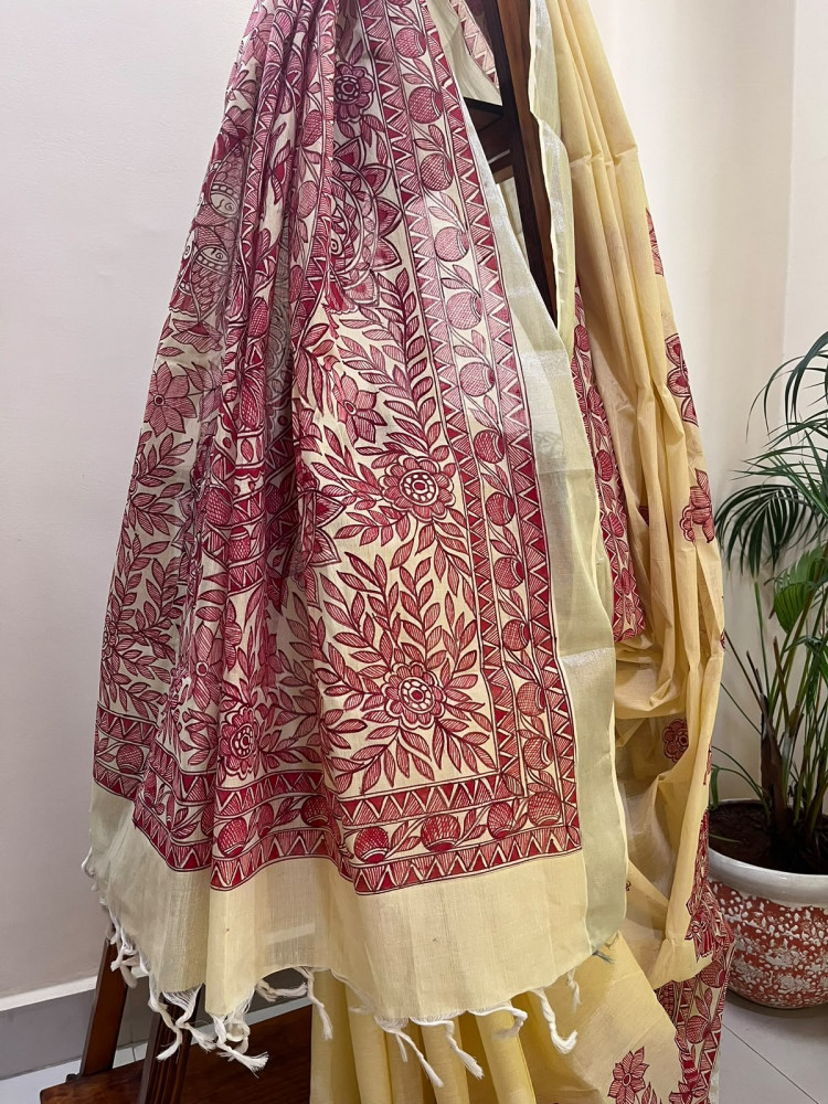 Image of Madhubani Handpainted Fusion Kasavu Cotton Saree - Yellow