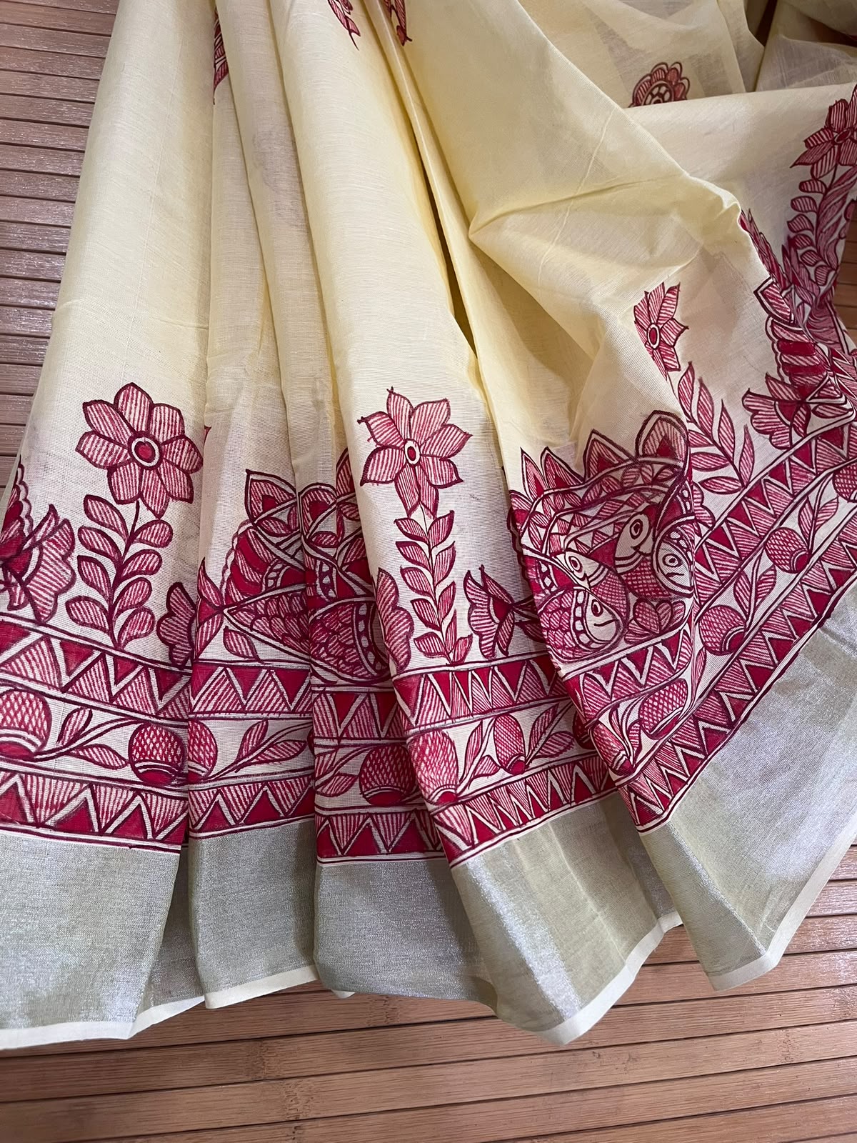 Madhubani Handpainted Fusion Kasavu Cotton Saree - Yellow