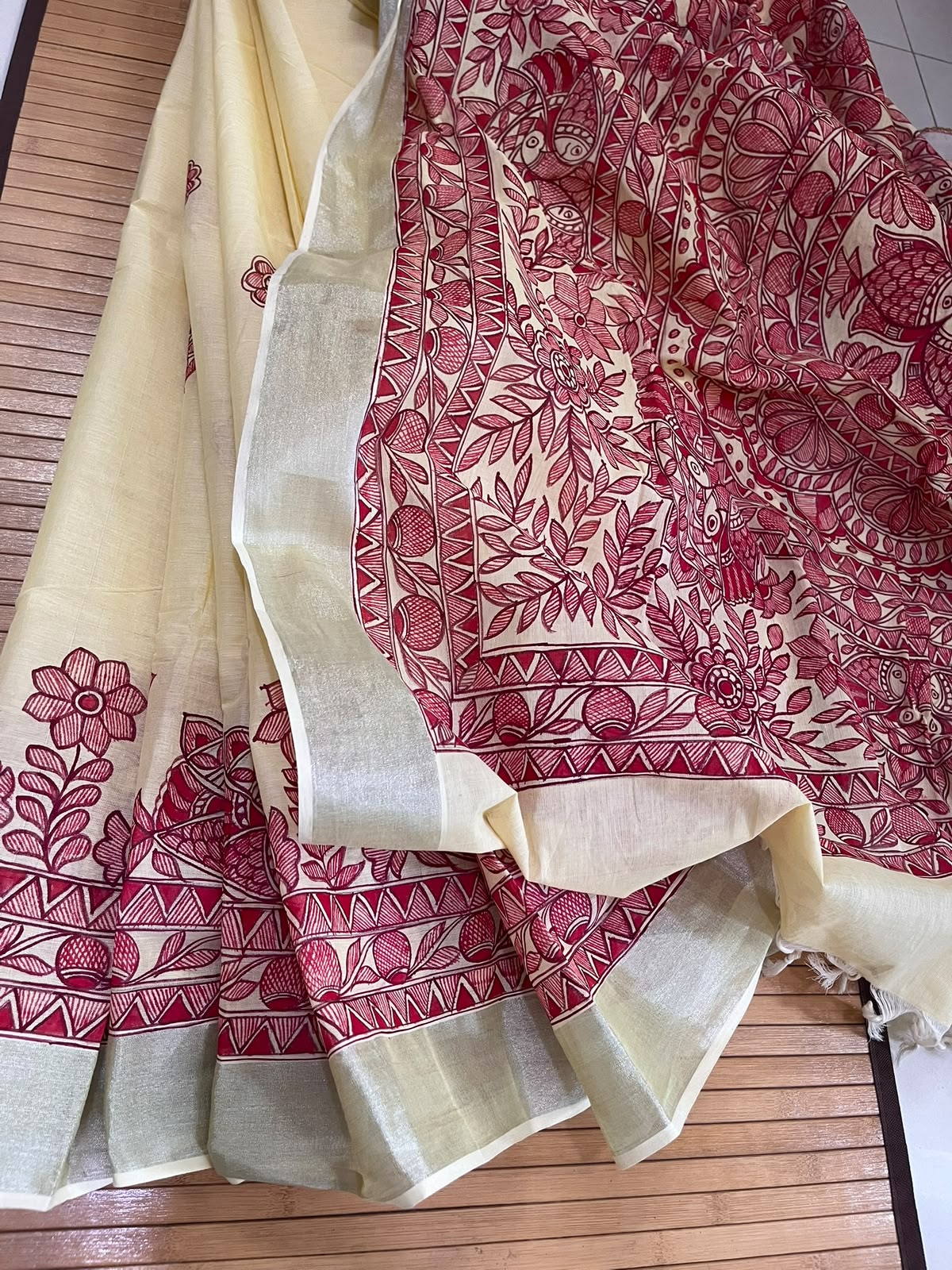 Madhubani Handpainted Fusion Kasavu Cotton Saree - Yellow
