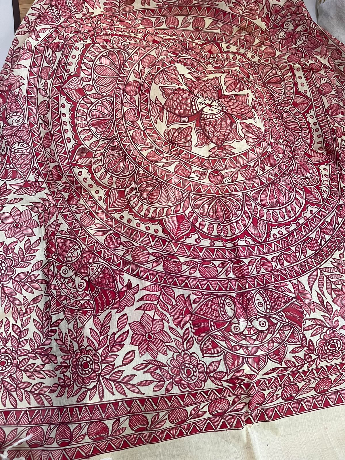 Madhubani Handpainted Fusion Kasavu Cotton Saree - Yellow