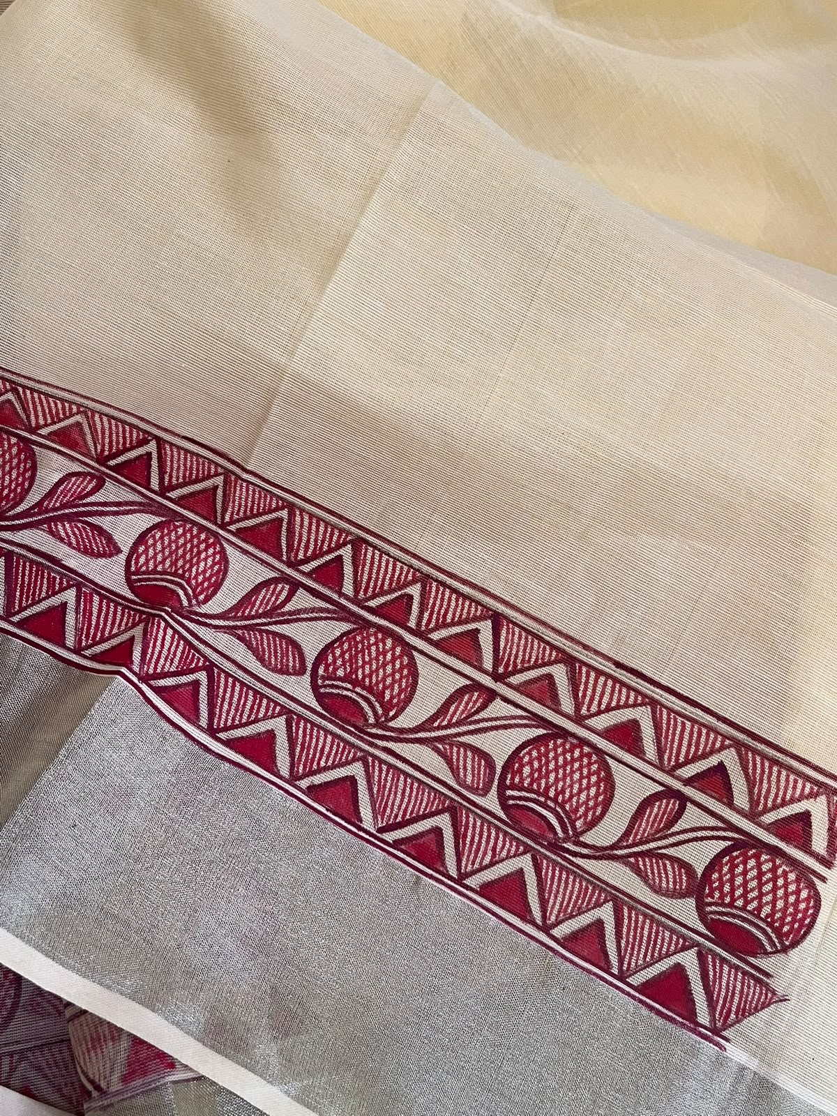 Madhubani Handpainted Fusion Kasavu Cotton Saree - Yellow