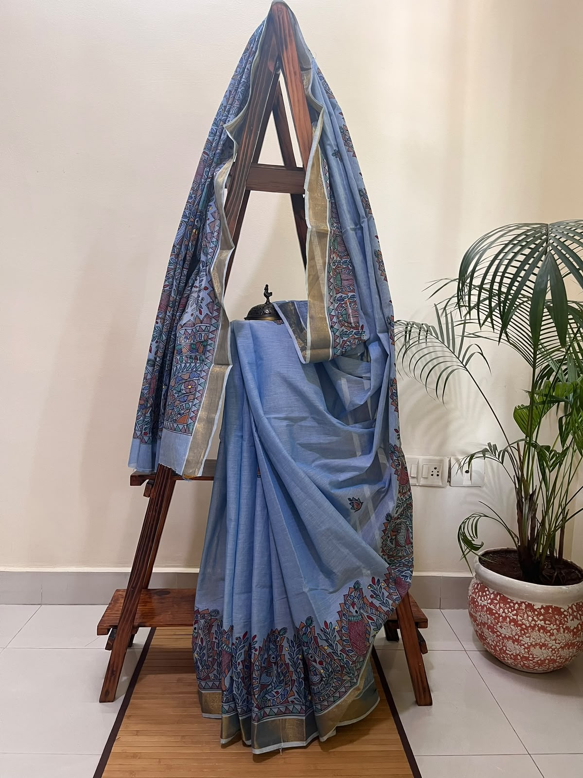 Madhubani Handpainted Fusion Kasavu Cotton Saree - Blue
