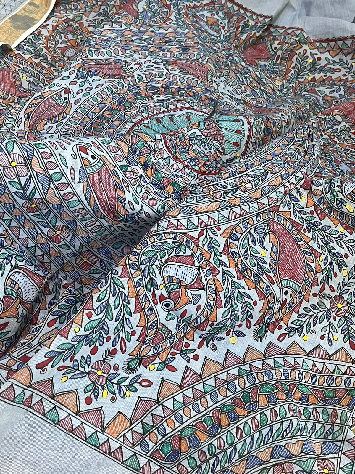 Madhubani Handpainted Fusion Kasavu Cotton Saree - Blue