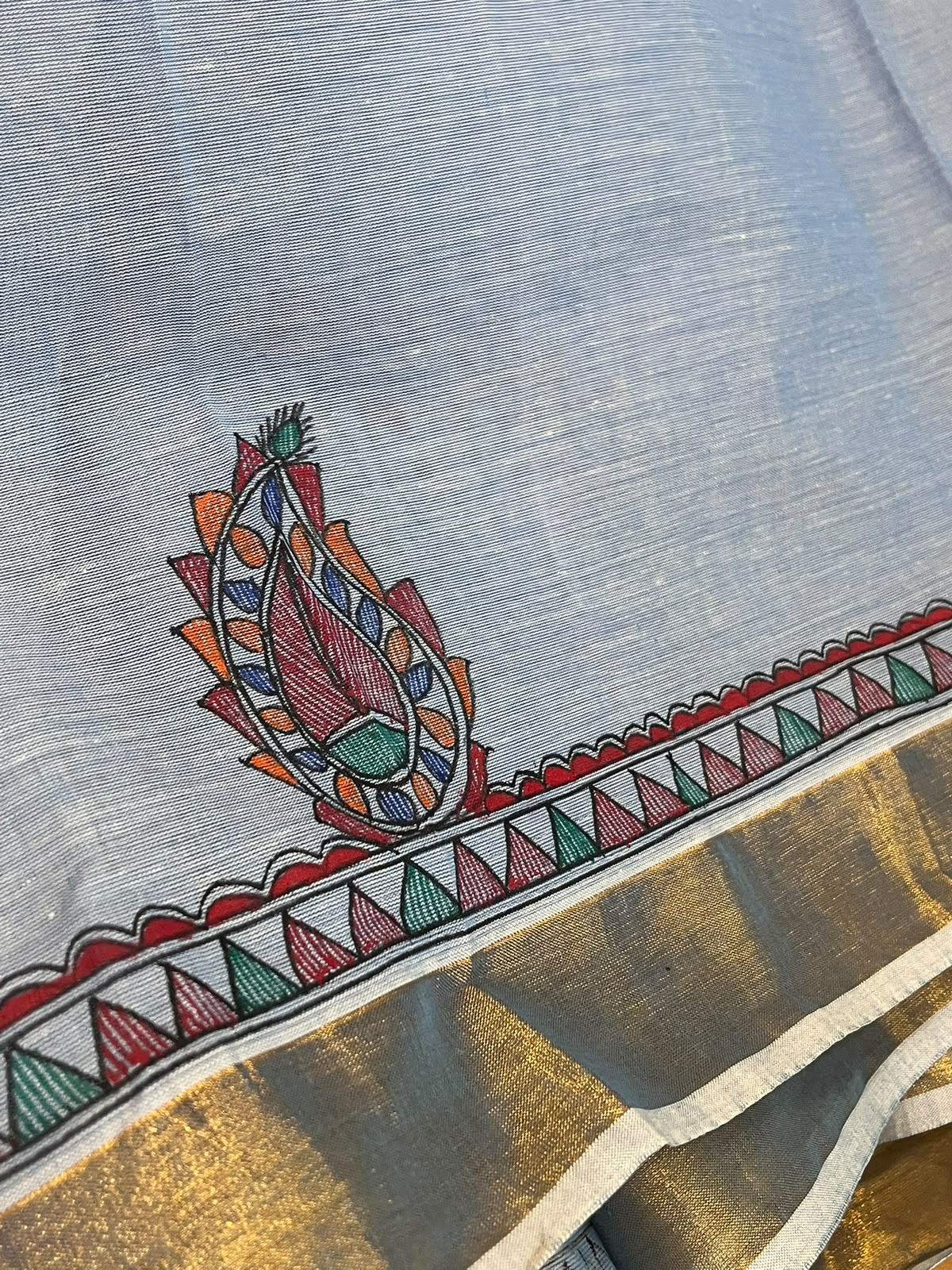 Madhubani Handpainted Fusion Kasavu Cotton Saree - Blue