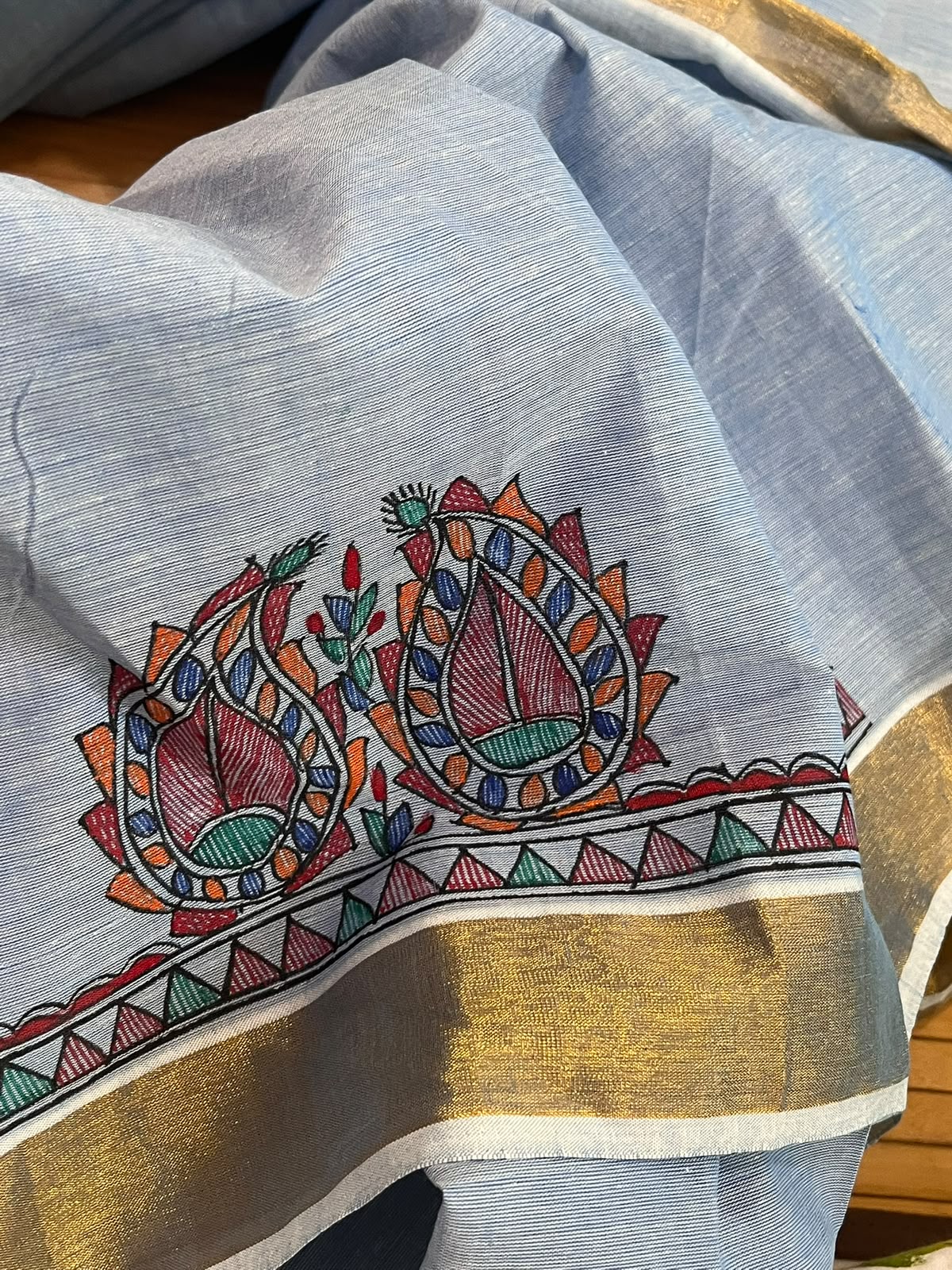 Madhubani Handpainted Fusion Kasavu Cotton Saree - Blue