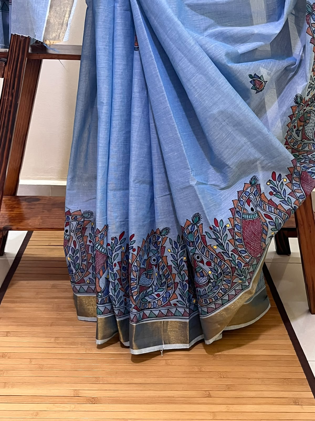 Madhubani Handpainted Fusion Kasavu Cotton Saree - Blue