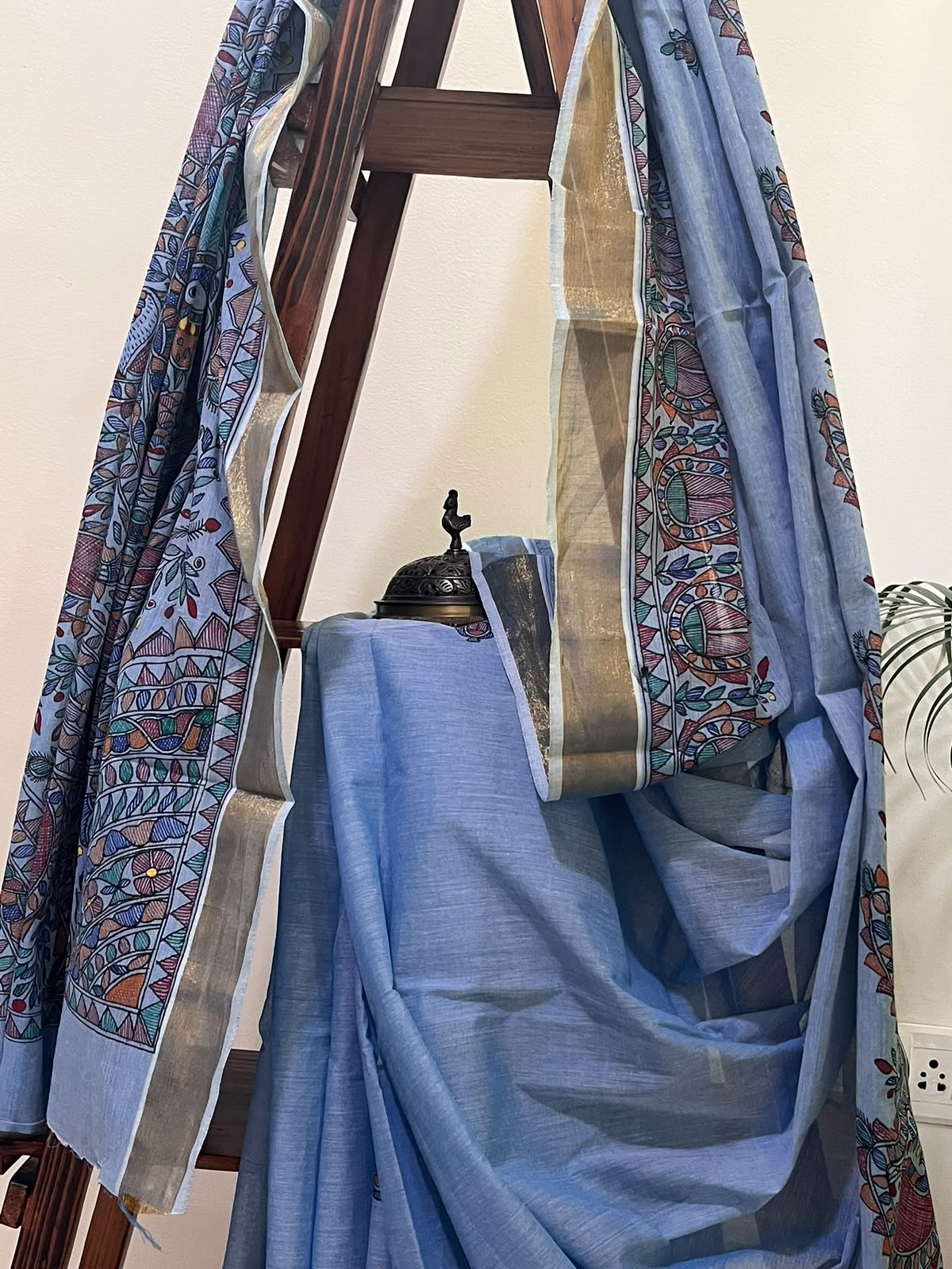 Madhubani Handpainted Fusion Kasavu Cotton Saree - Blue