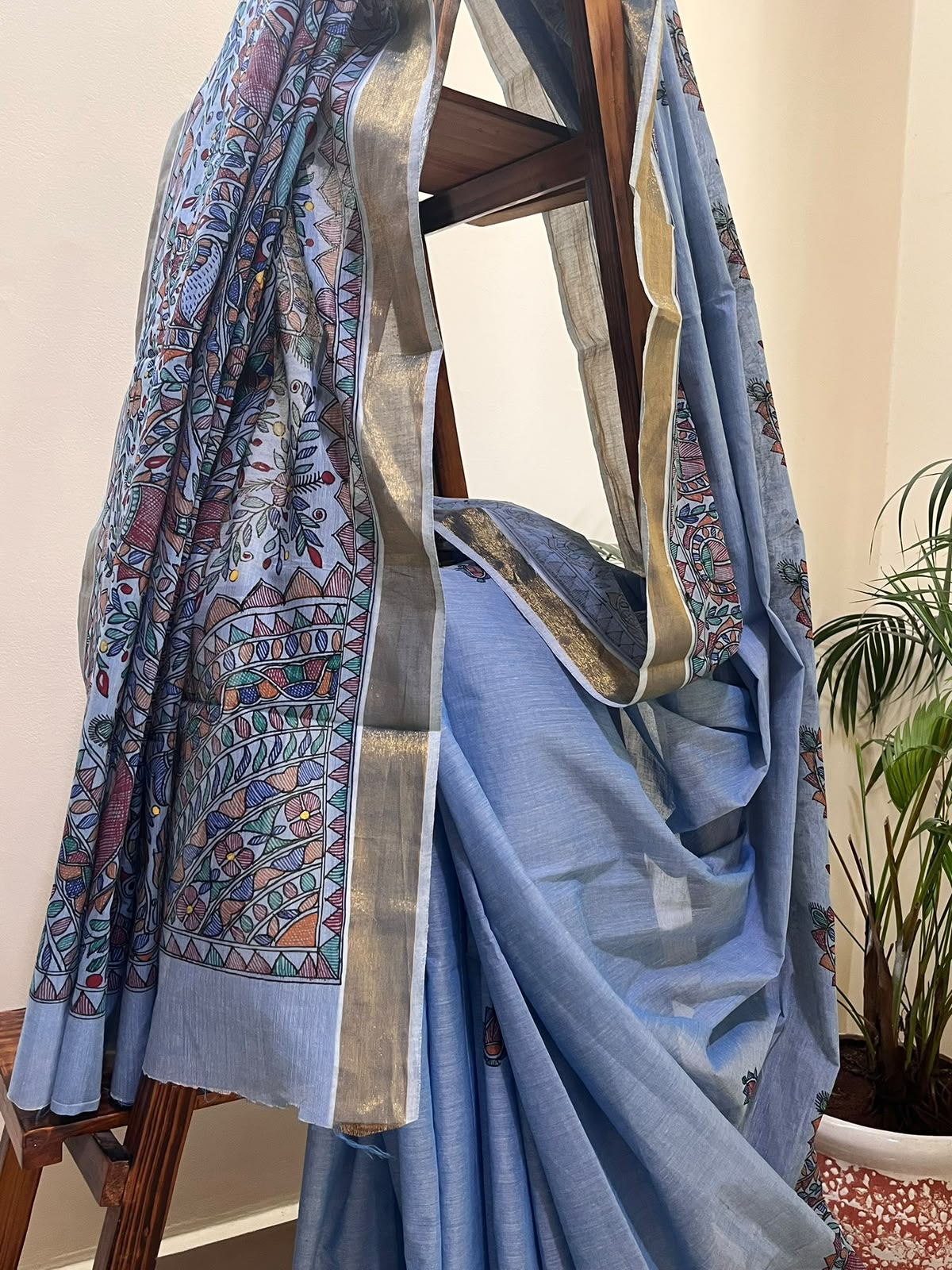 Madhubani Handpainted Fusion Kasavu Cotton Saree - Blue