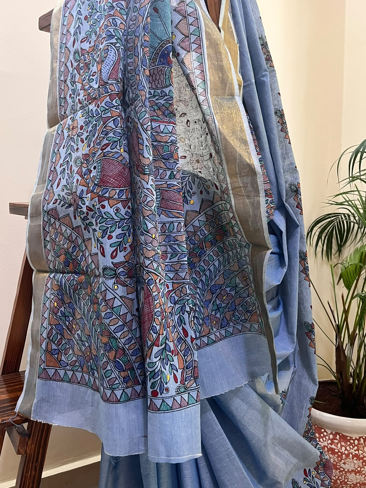 Madhubani Handpainted Fusion Kasavu Cotton Saree - Blue