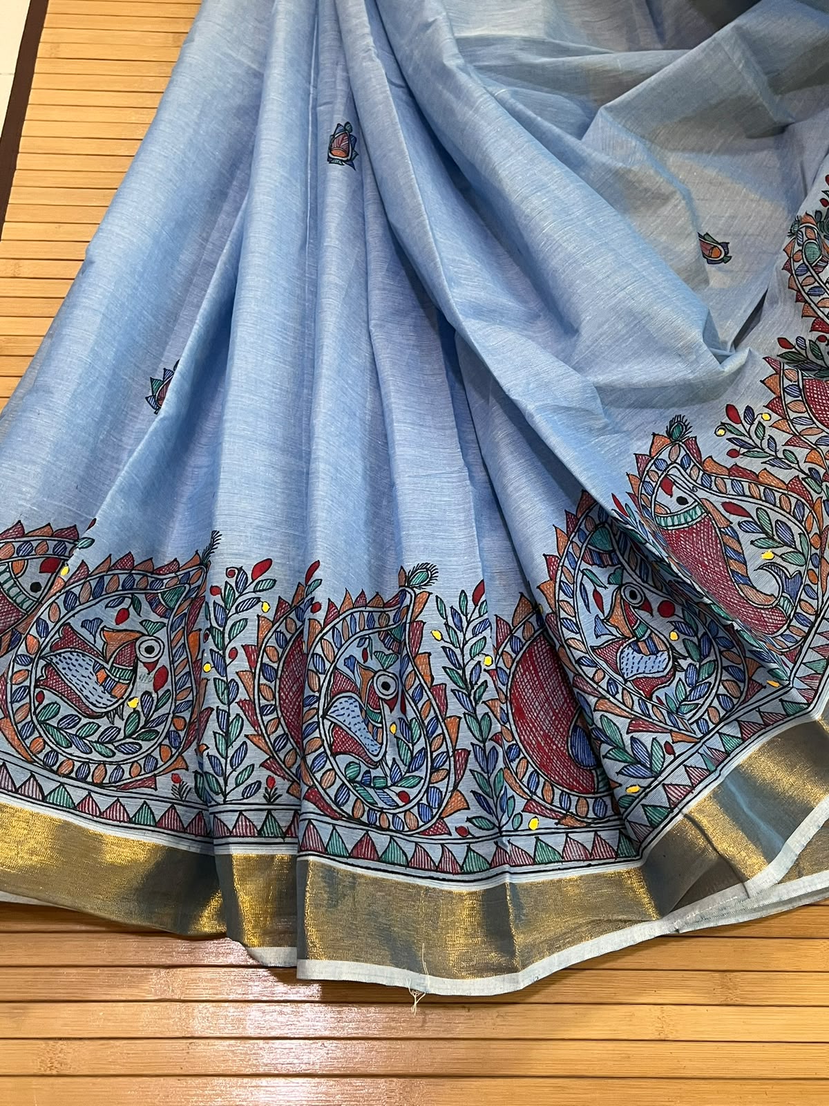 Madhubani Handpainted Fusion Kasavu Cotton Saree - Blue