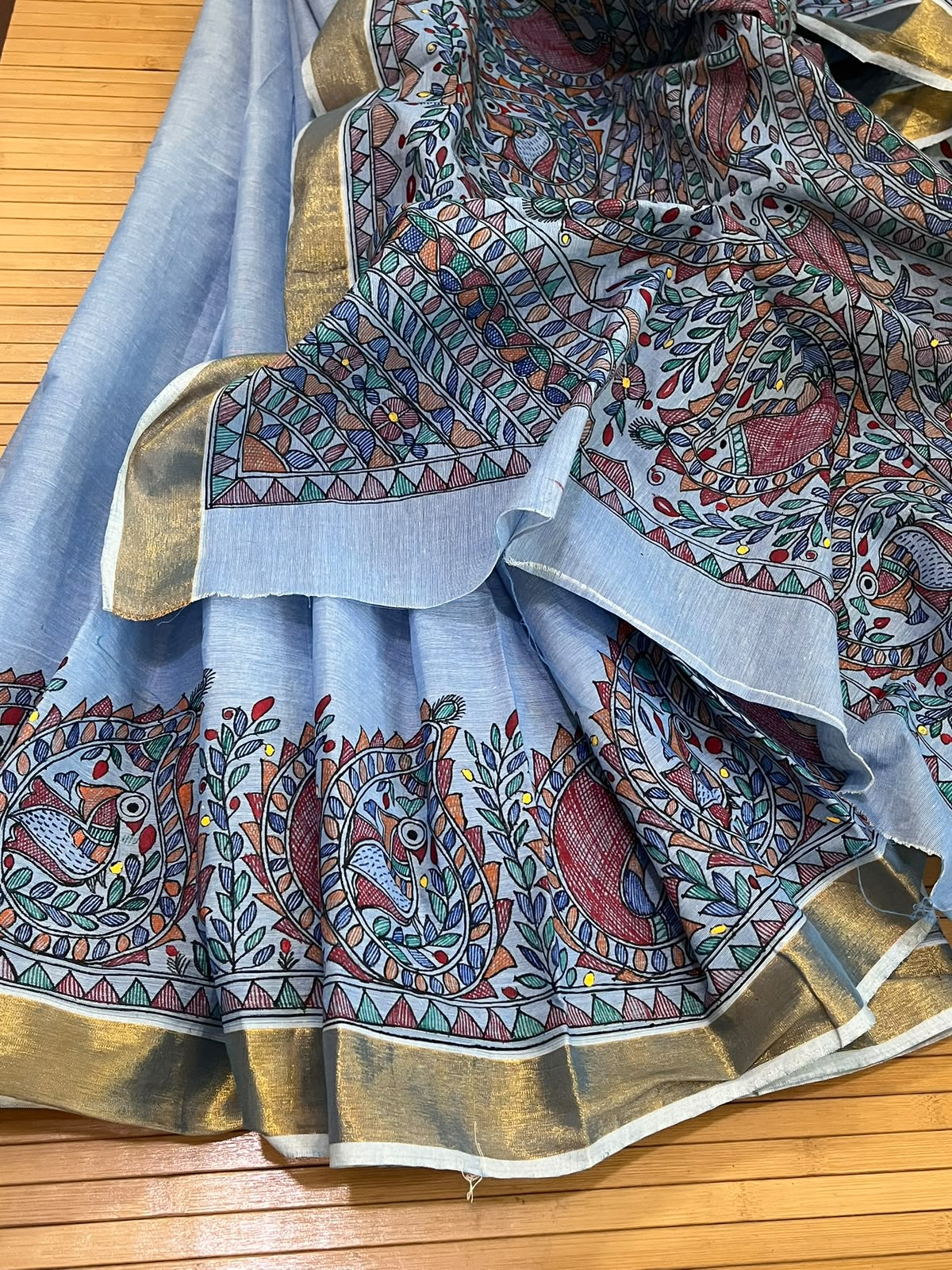 Madhubani Handpainted Fusion Kasavu Cotton Saree - Blue