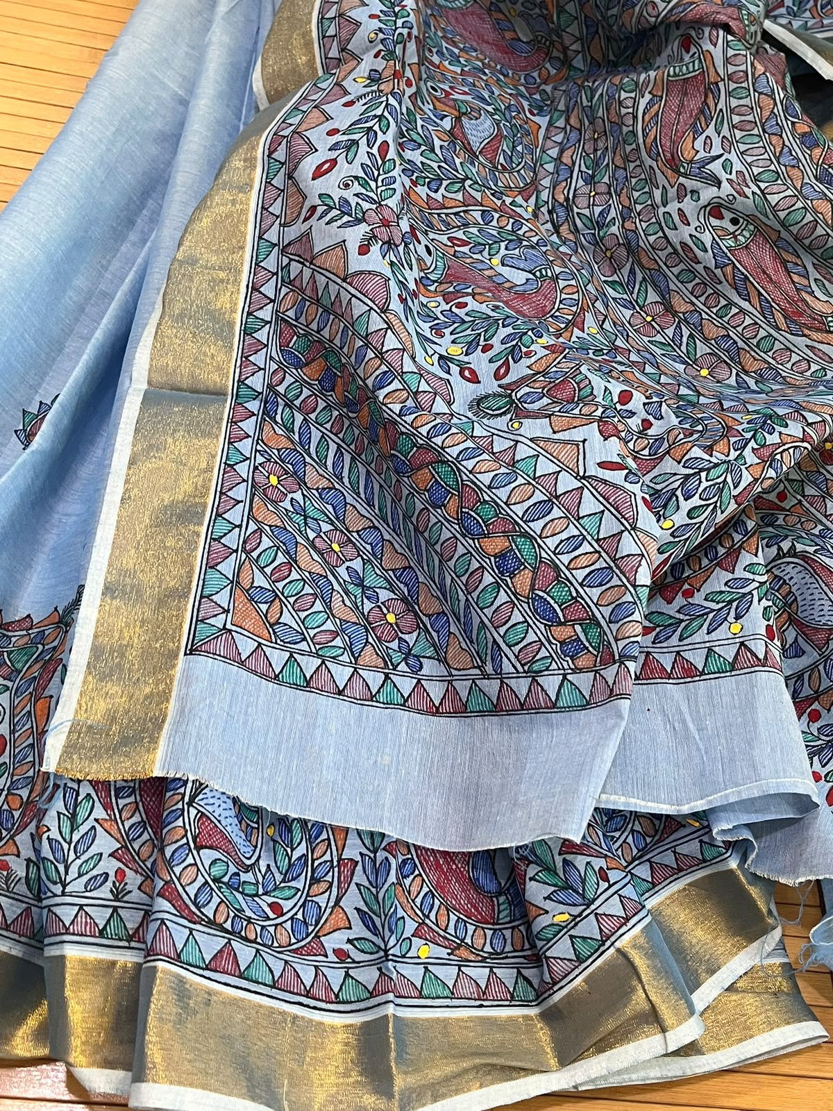 Madhubani Handpainted Fusion Kasavu Cotton Saree - Blue