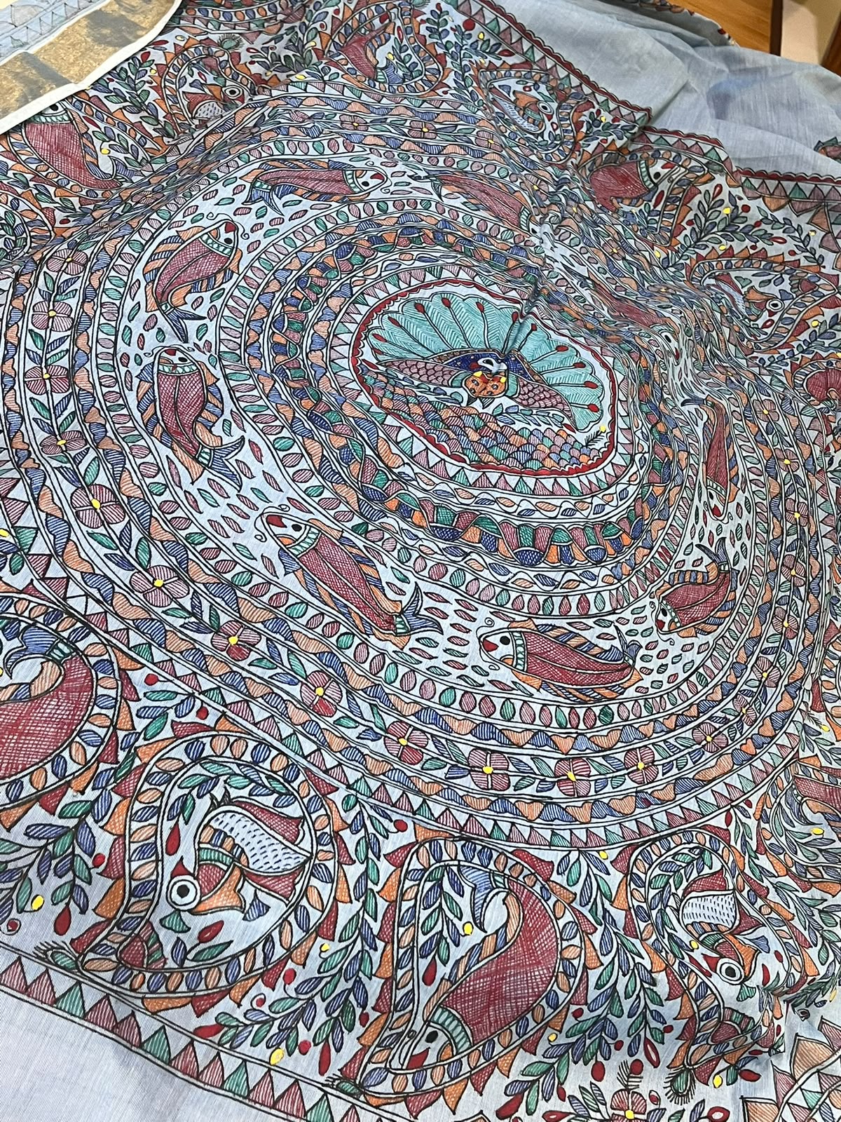 Madhubani Handpainted Fusion Kasavu Cotton Saree - Blue