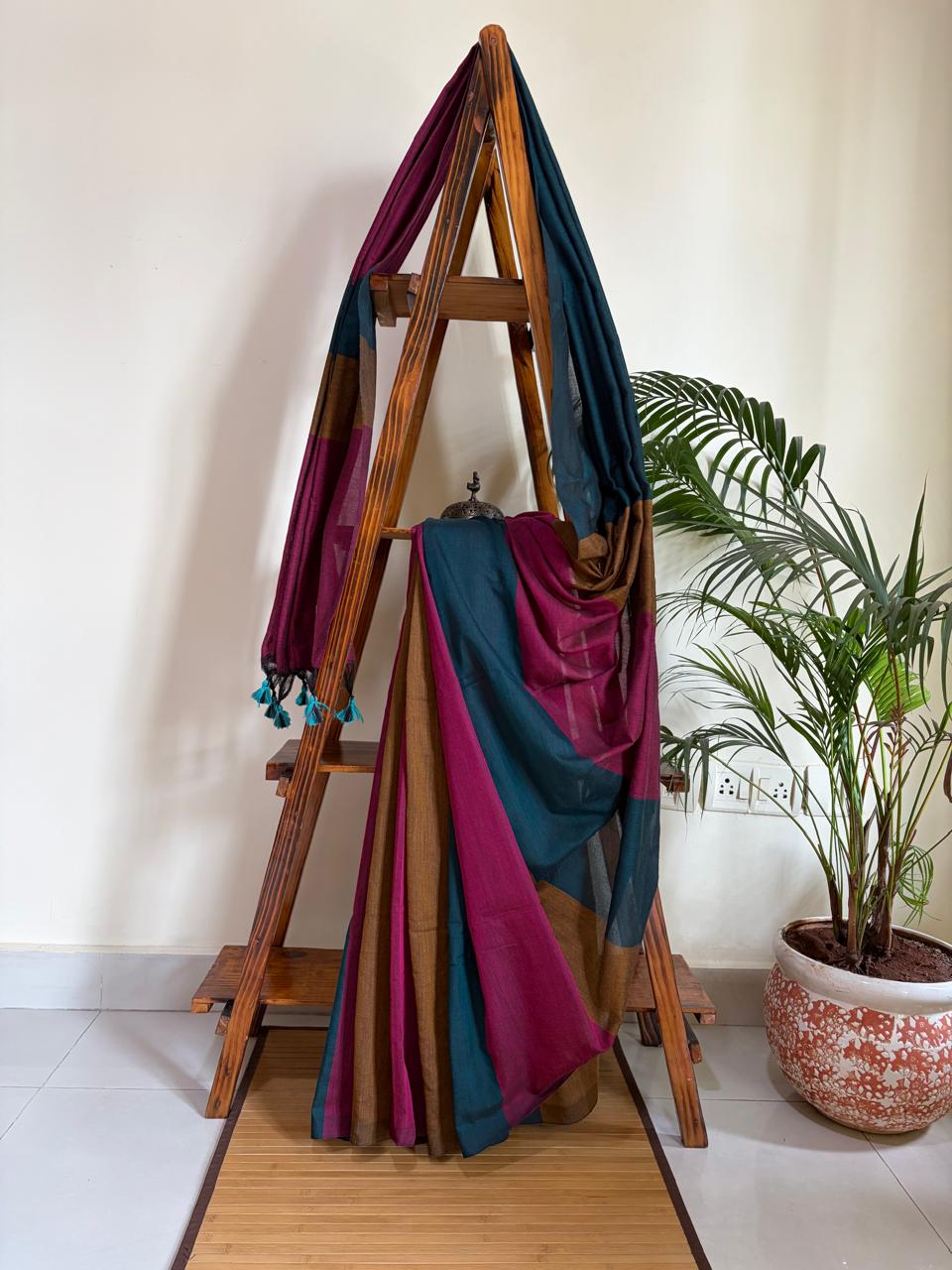 Multicolour Woven Cotton Saree with Tassels