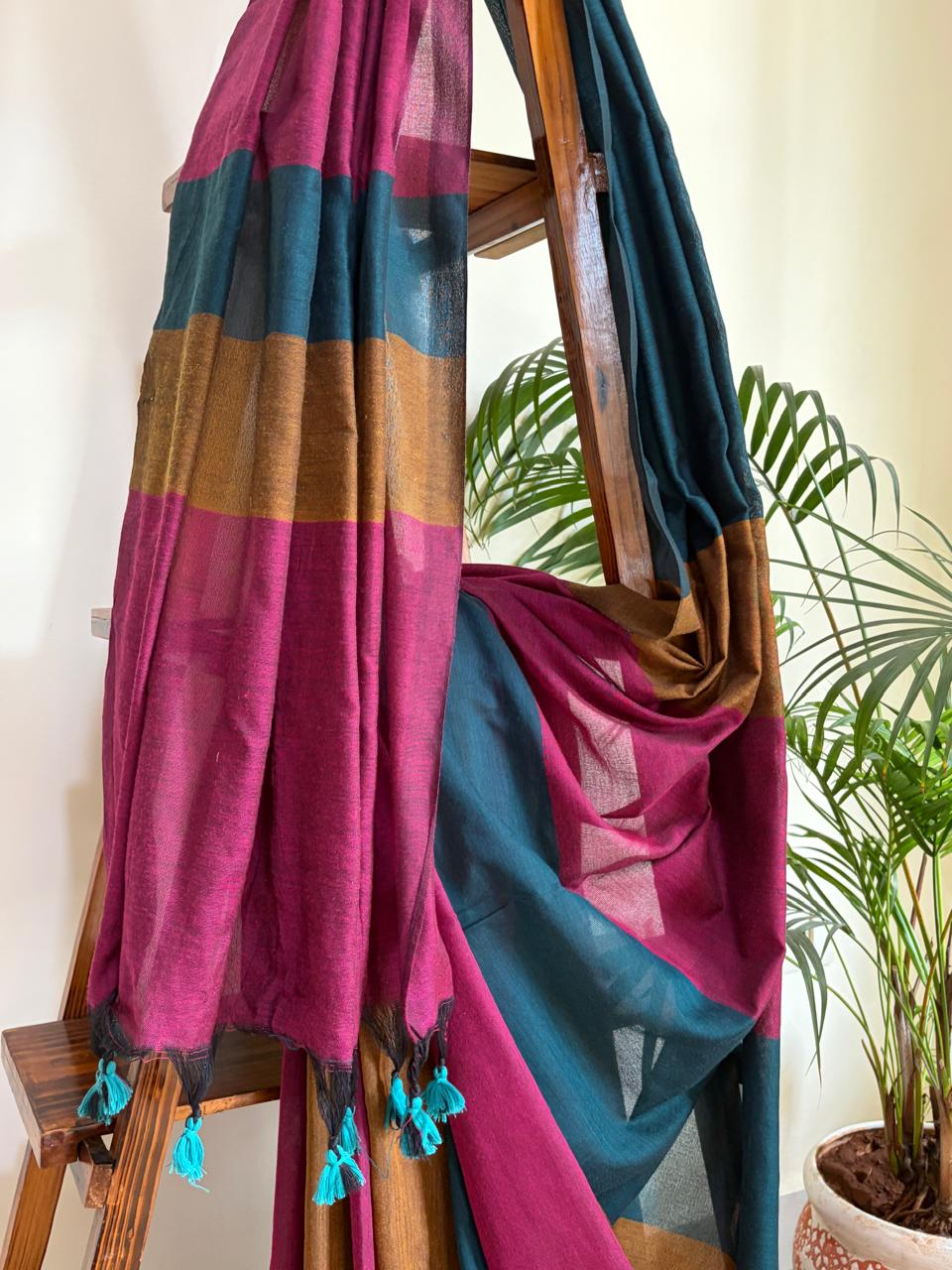 Multicolour Woven Cotton Saree with Tassels