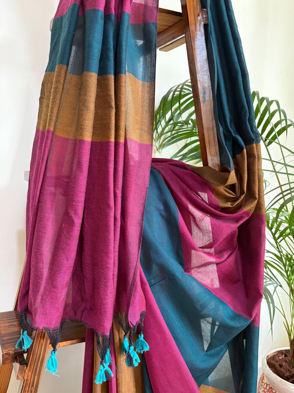 Multicolour Woven Cotton Saree with Tassels