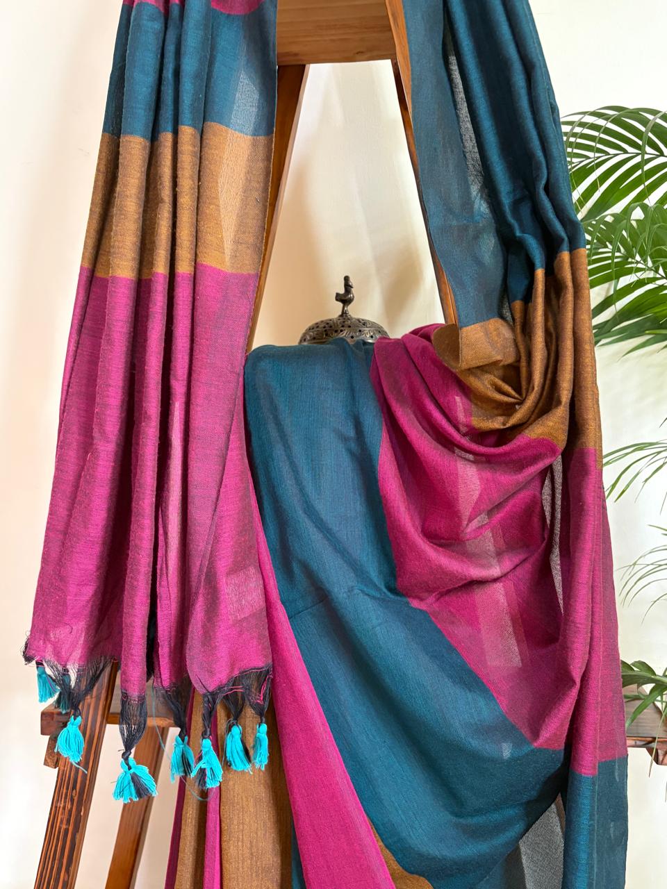 Multicolour Woven Cotton Saree with Tassels
