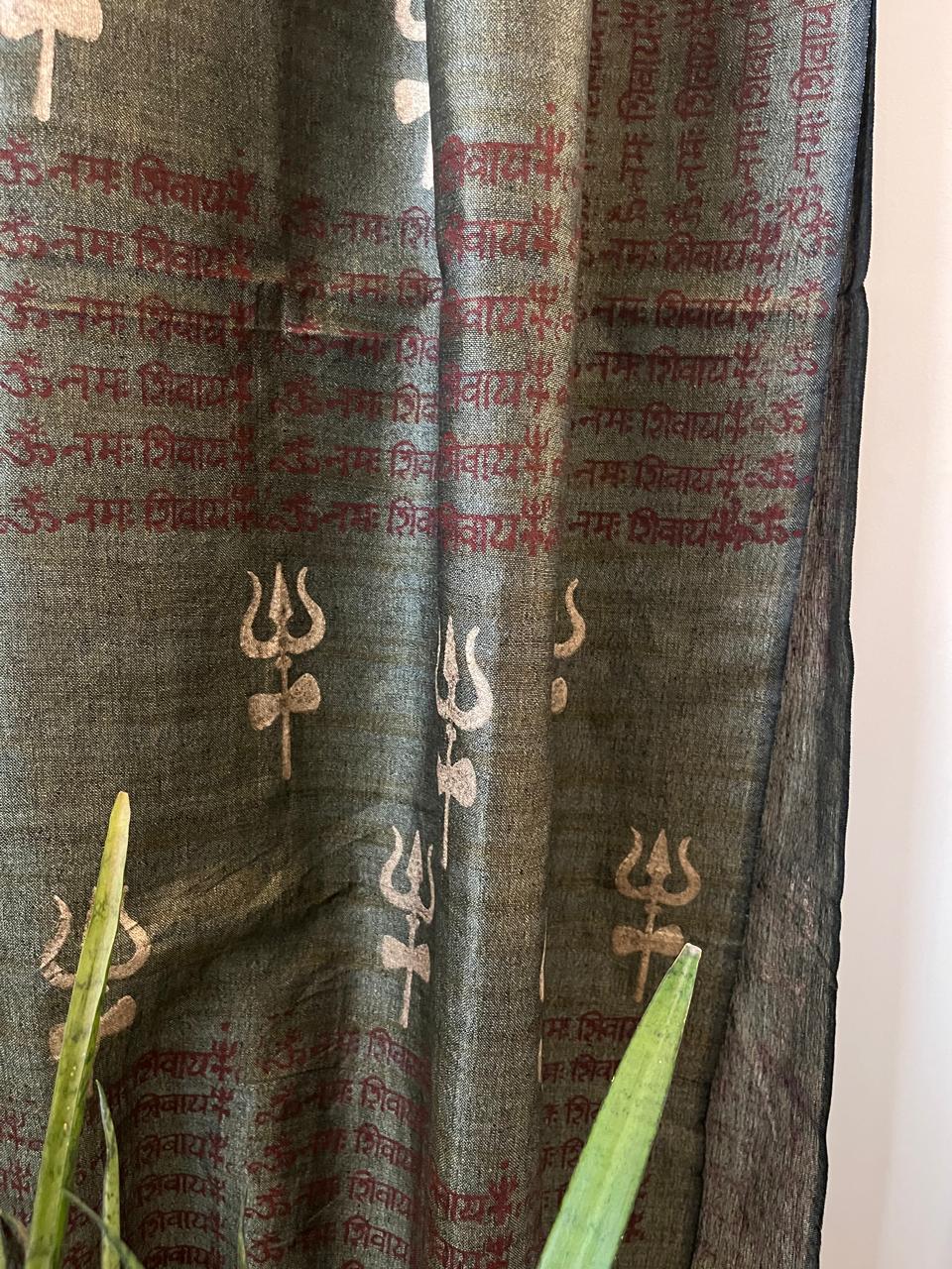 Beautiful Handblock Printed Dupatta - Gayatri Mantra and Om print - Charcoal Black