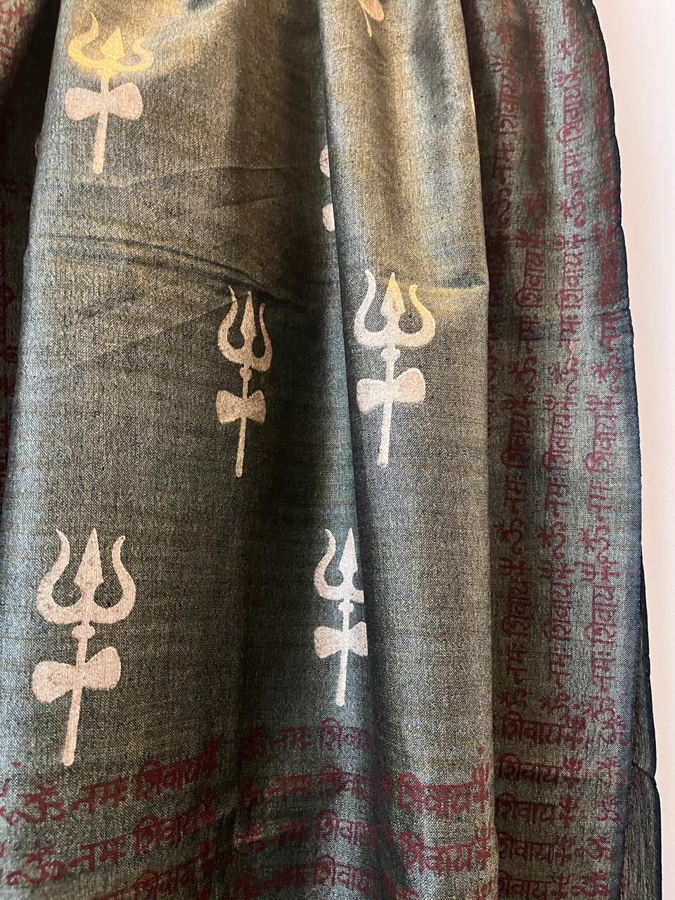 Beautiful Handblock Printed Dupatta - Gayatri Mantra and Om print - Charcoal Black