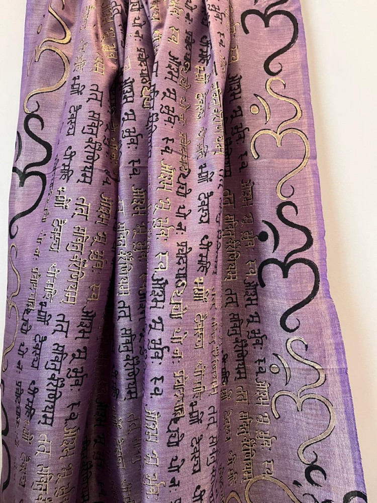 Image of Beautiful Handblock Printed Dupatta - Gayatri Mantra and Om print - Purple