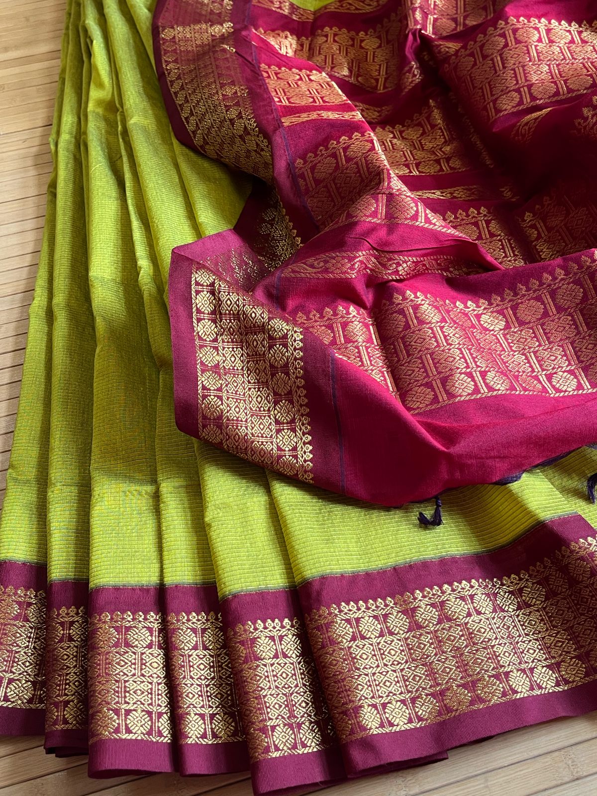Cotton Silk Handloom Sarees with Resham Weave - Neon Green