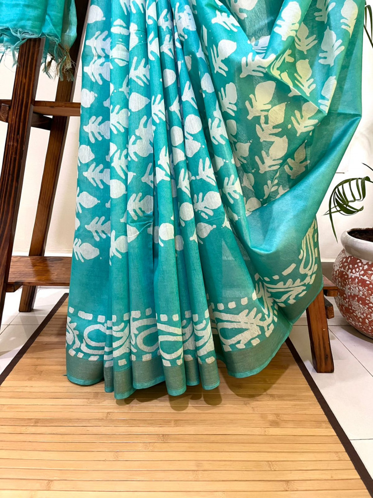 Image of Pure Cotton Wax Batik Saree with zari border - Teal