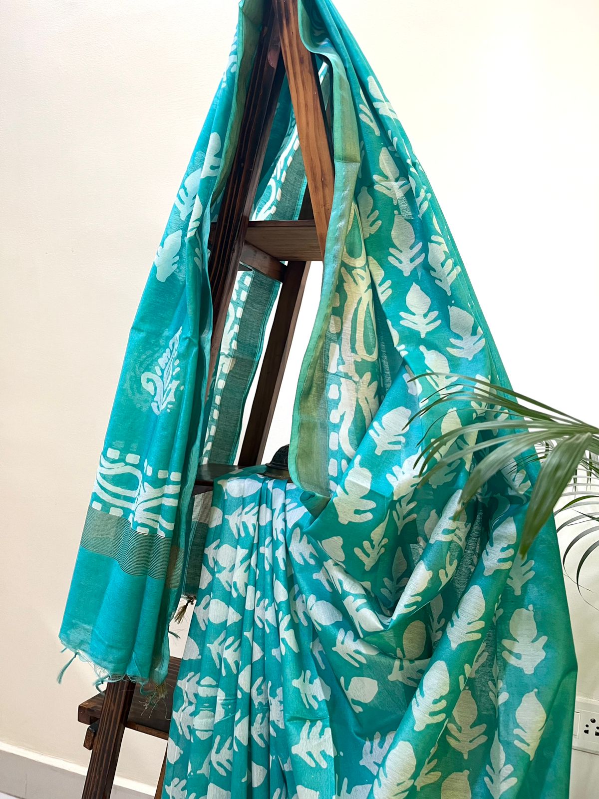Pure Cotton Wax Batik Saree with zari border - Teal