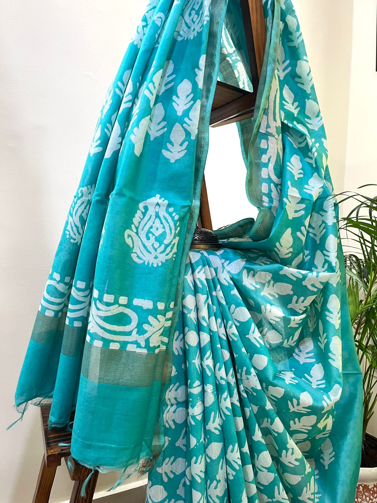 Pure Cotton Wax Batik Saree with zari border - Teal