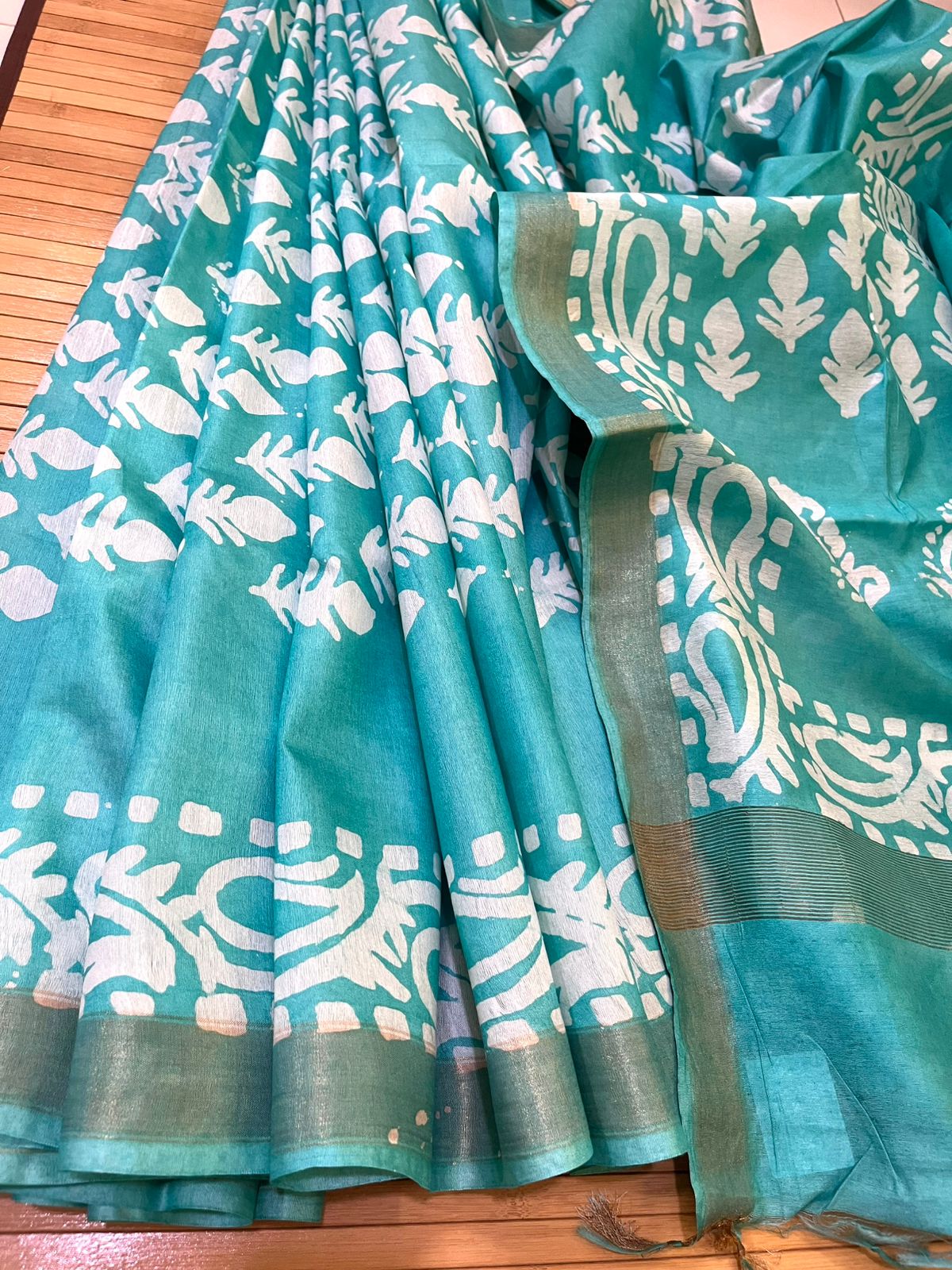 Pure Cotton Wax Batik Saree with zari border - Teal