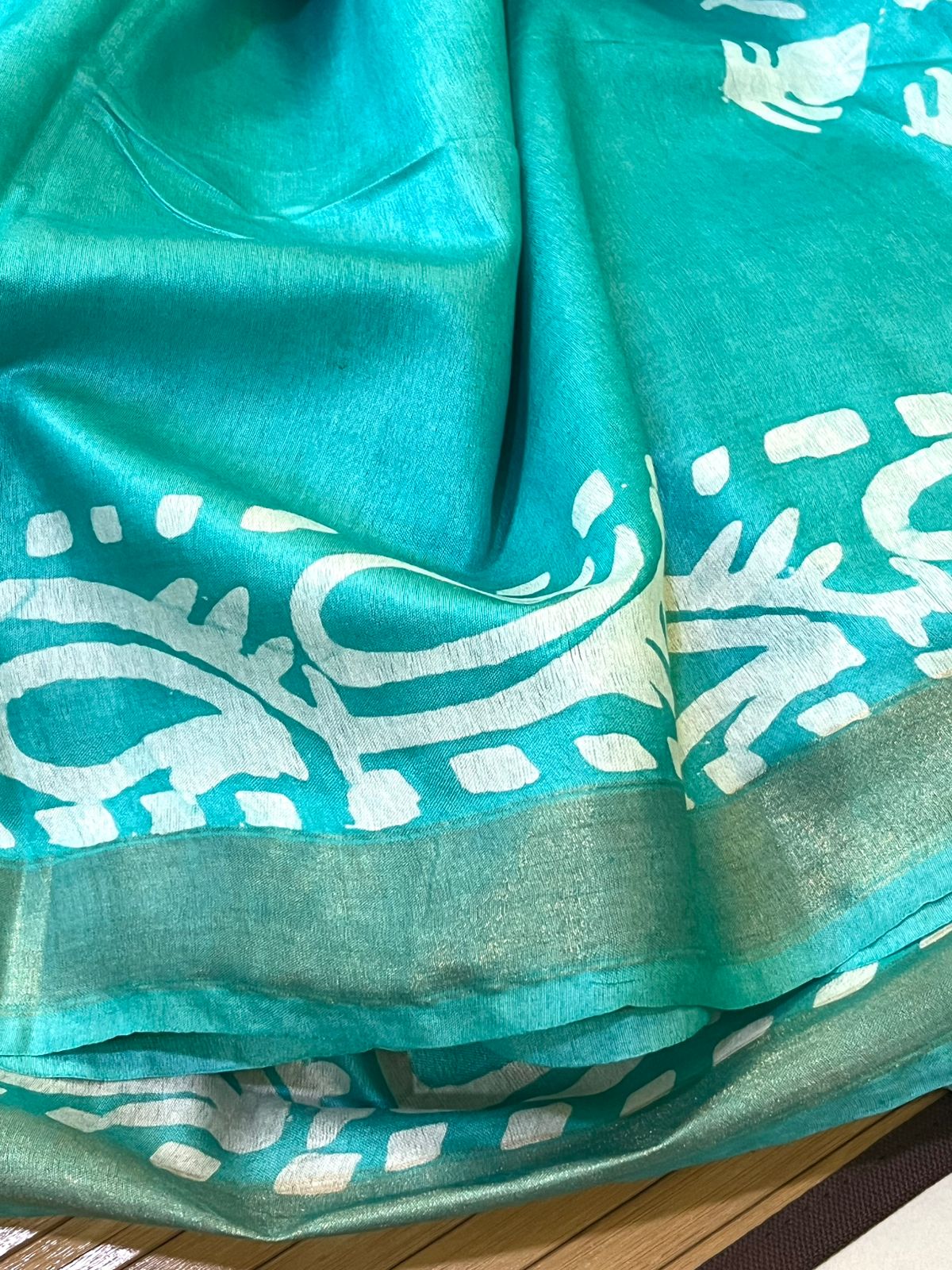 Pure Cotton Wax Batik Saree with zari border - Teal