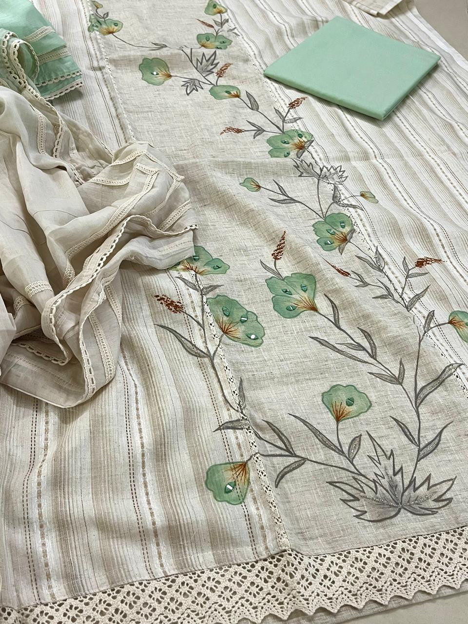 Beautiful Cotton 3 piece Suit with Print and Mirrors - Sea Green