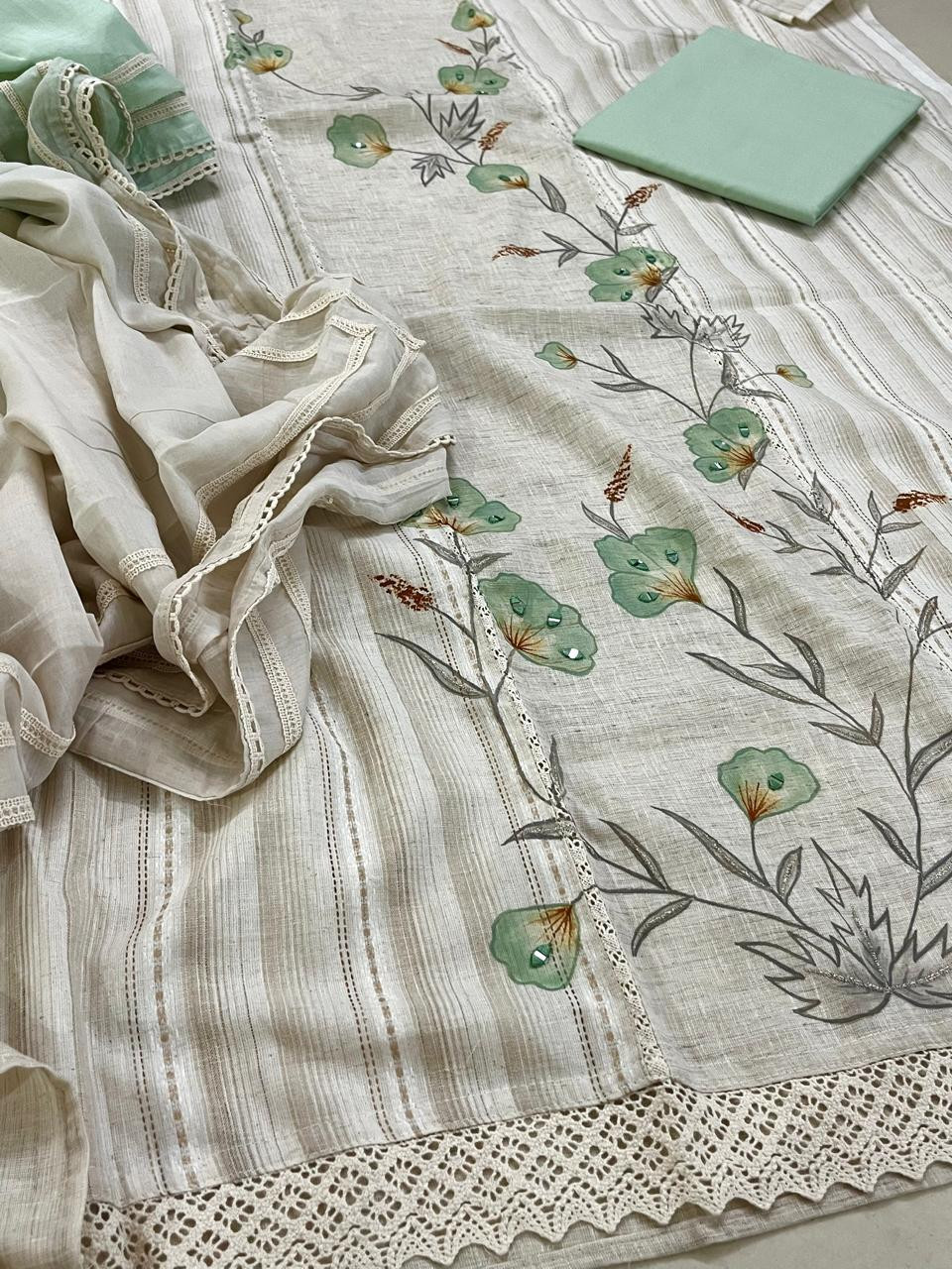 Beautiful Cotton 3 piece Suit with Print and Mirrors - Sea Green