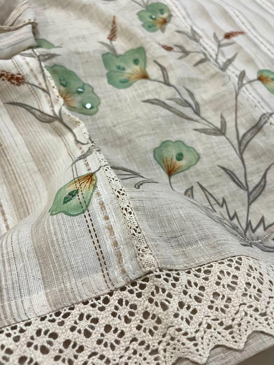 Beautiful Cotton 3 piece Suit with Print and Mirrors - Sea Green