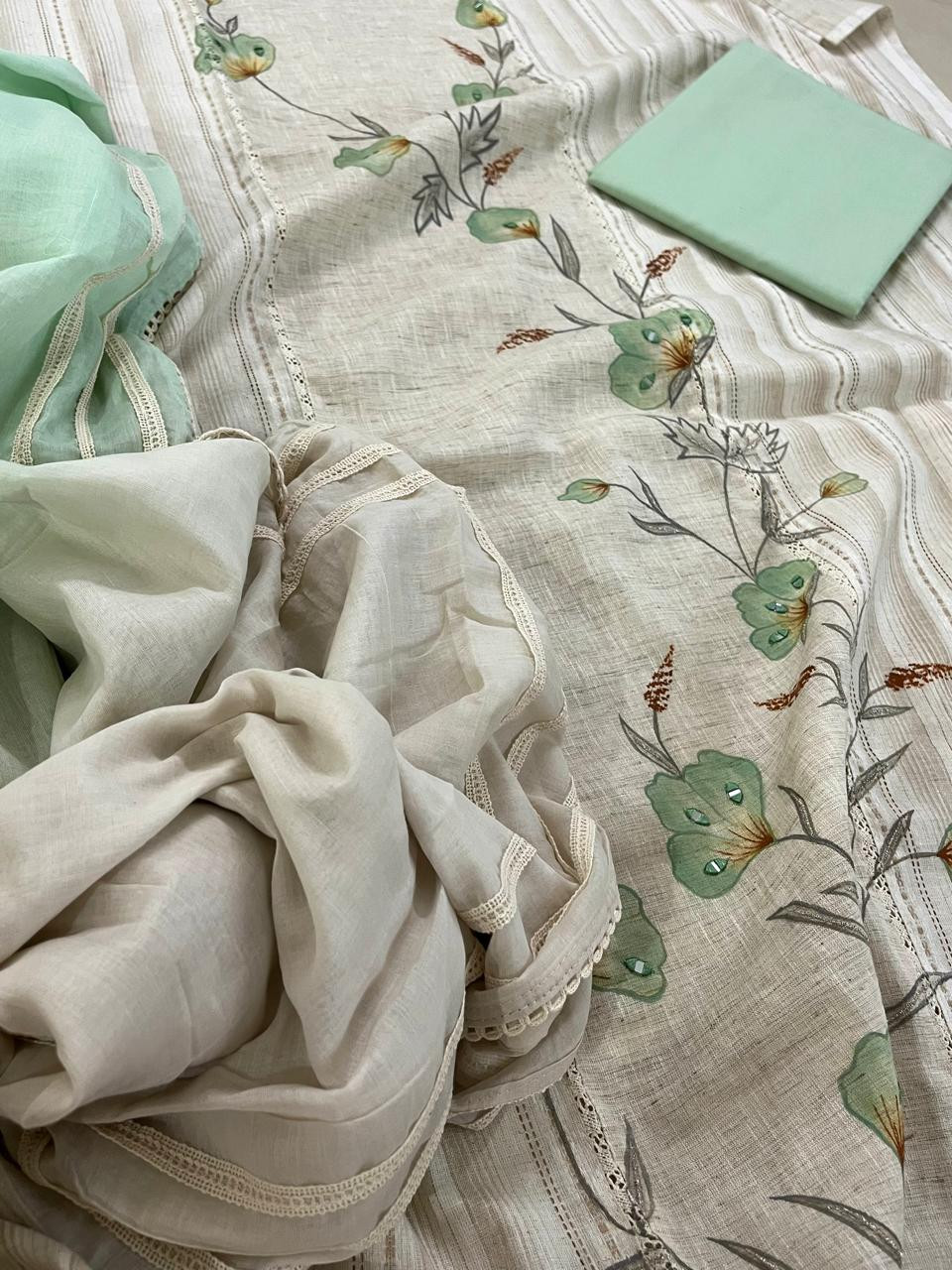 Beautiful Cotton 3 piece Suit with Print and Mirrors - Sea Green