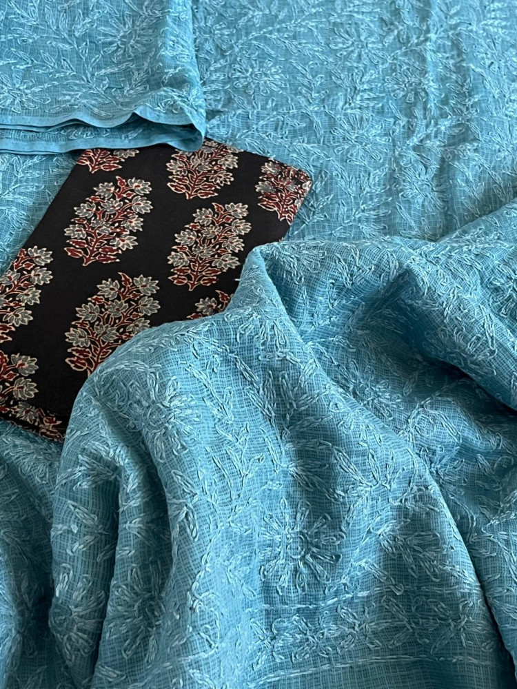 Image of Lucknow Kota Doria Cotton Saree with Hand Tepchi Embroidery and Ajrakh blouse - Grey