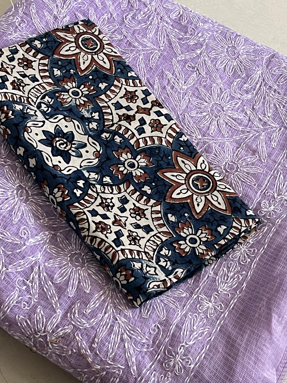 Lucknow Kota Doria Cotton Saree with Hand Tepchi Embroidery and Ajrakh blouse - Purple
