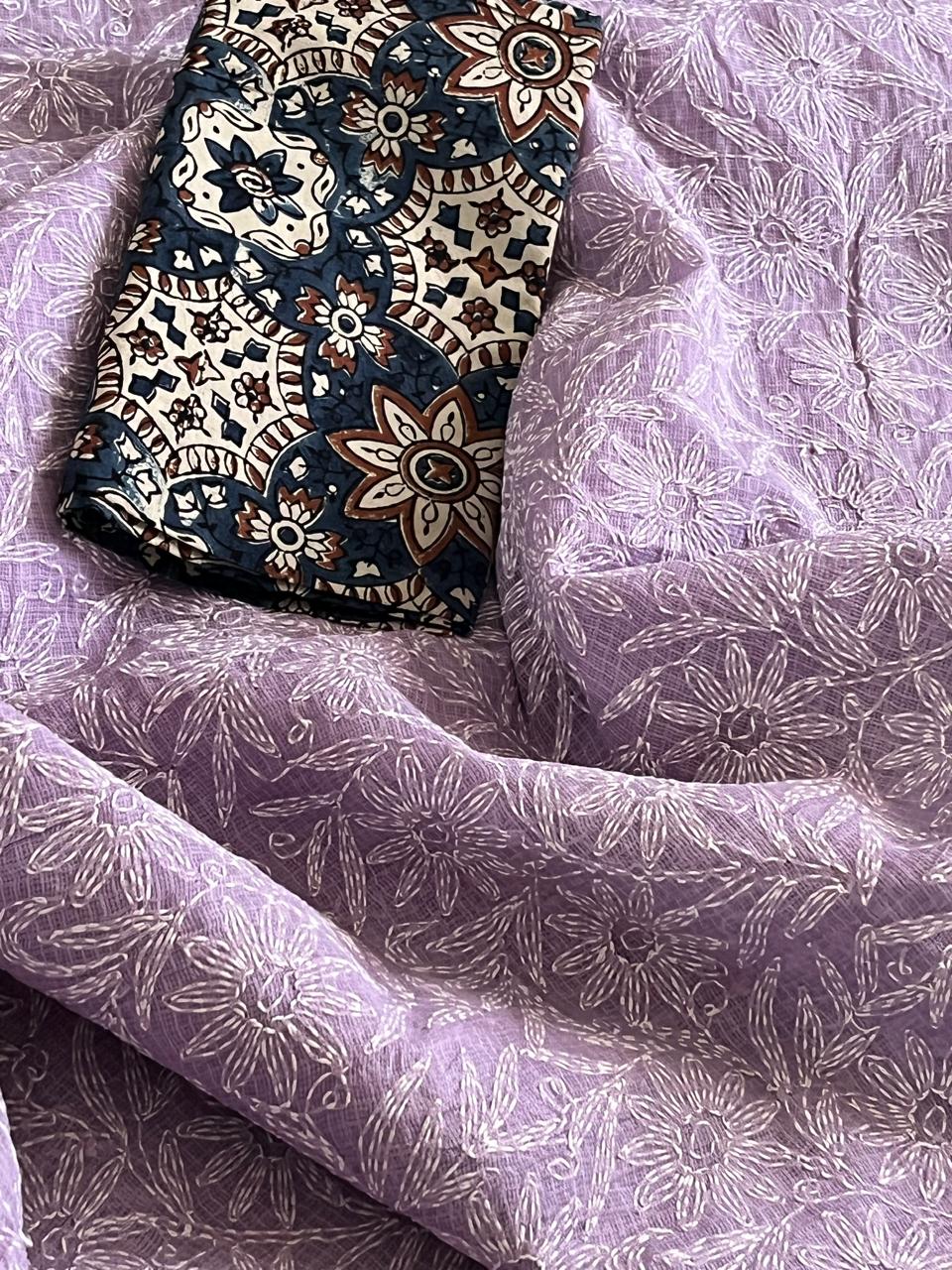 Lucknow Kota Doria Cotton Saree with Hand Tepchi Embroidery and Ajrakh blouse - Purple